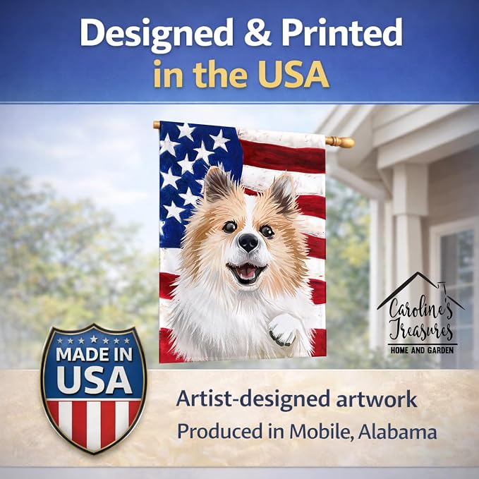 Caroline's Treasures CK6566CHF Icelandic Sheepdog Dog American Flag House Flag Large Porch Sleeve Pole Decorative Outside Yard Banner Artwork Wall Hanging, Polyester, House Size, Multicolor