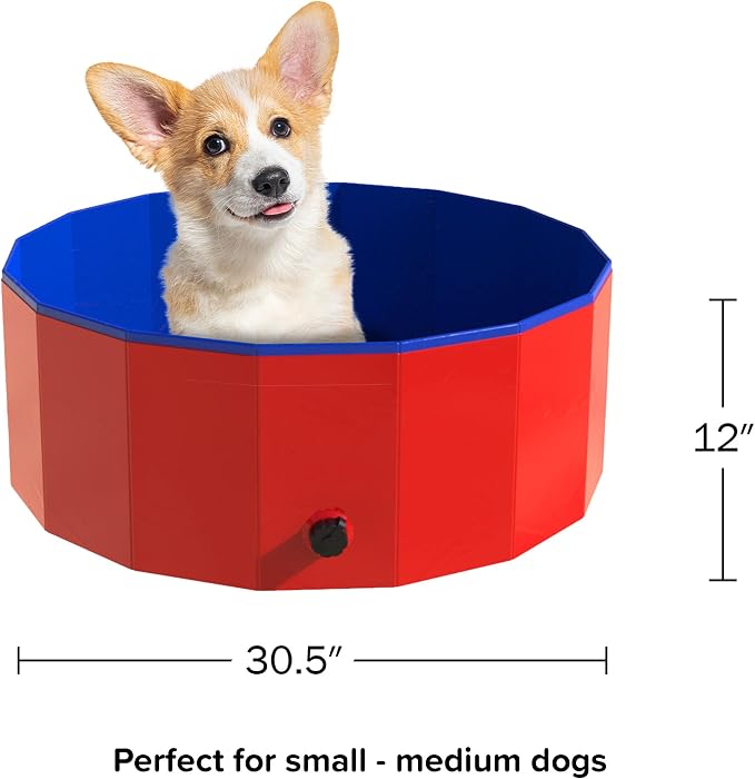 Foldable Dog Pool - 30.5x12in Pet Pool - Durable PVC Outdoor Pool with Drain for Grooming, Bathing, or Play - Kiddie Pool for Dogs by PETMAKER (Red)