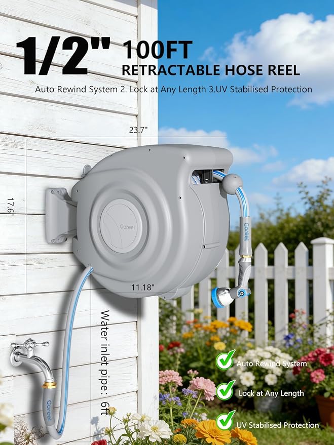 Retractable Garden Hose Reel 1/2 in x 100 ft Heavy Duty Automatic Water Hose Reel with 10-Function Sprayer Nozzle Kink-Free Auto Rewind Any-Length Lock 180° Swivel UV Resistant - Light Gray