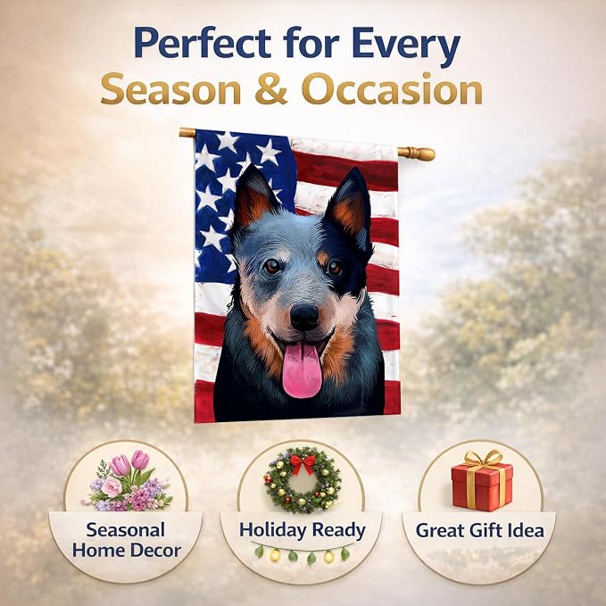Caroline's Treasures CK6410CHF Australian Cattle Dog American Flag House Flag Large Porch Sleeve Pole Decorative Outside Yard Banner Artwork Wall Hanging, Polyester, House Size, Multicolor