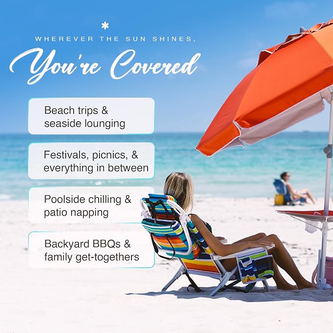 AMMSUN 7ft Heavy Duty High Wind Beach Umbrella with sand anchor Built-in Table Tray Vent Tilt Pole, UPF 50+ Windproof Portable Outdoor Umbrellas Carry Bag for Patio Garden Pool Backyard Red