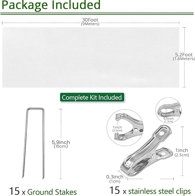 5.2Ft x 30ft Frost Protection Plant Cover – 1.2 oz/yd² Garden Freeze Blanket with Clips & Ground Stakes for Outdoor Winter Plant Protection, Reusable Floating Row Cover for Garden Vegetables