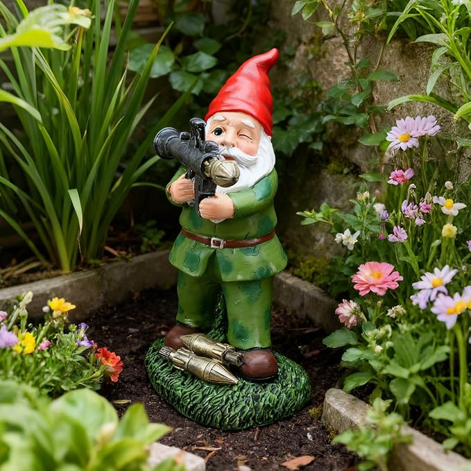 Large Garden Gnome Statue with Guns, Solar Military Army Soldier Guardian Hunter Gnome Garden Decoration Figurine Lights Porch Decor Valentine's Day Men Gift Scale War Combat Guards Patriotic Dwarves
