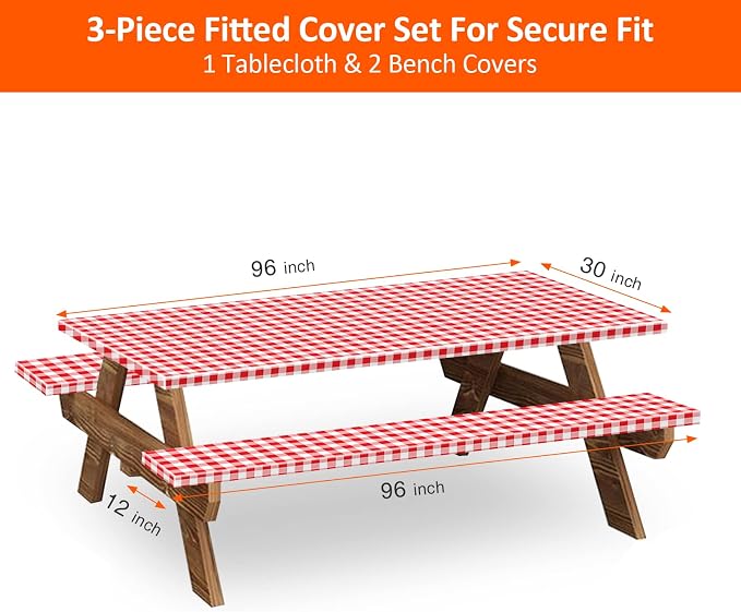 8ft Picnic Table and Bench Cover, Camping Essentials RV Gear, 96 in Waterproof Windproof Outdoor Elastic All Around Tablecloth, Fitted Rectangle Tables and Seats, Red-White Checkered