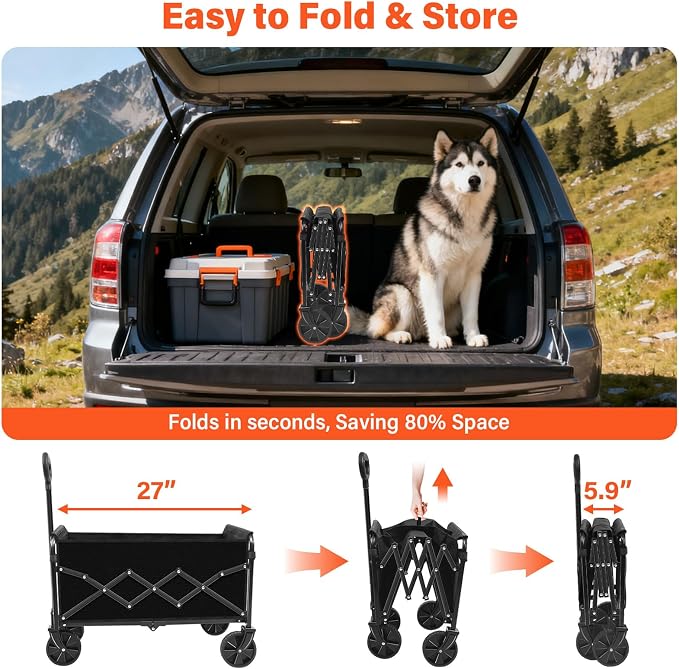 Wagons Carts Foldable - Portable Folding Collapsible Wagons with Wheels - Heavy Duty Utility Carts for Groceries, Shopping, Camping, Sports, Garden，Beach - Black