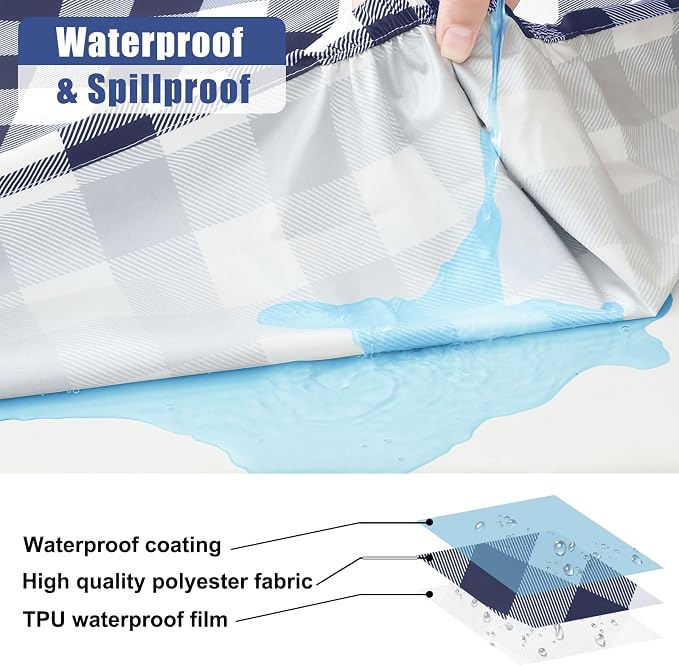 Smiry Picnic Table Cover with Bench Covers, Waterproof Elastic Fitted Tablecloths for 5 Foot Rectangle Tables, Washable Buffalo Plaid Tablecloth for Camping, Outdoor (Navy & White, 30"x60")