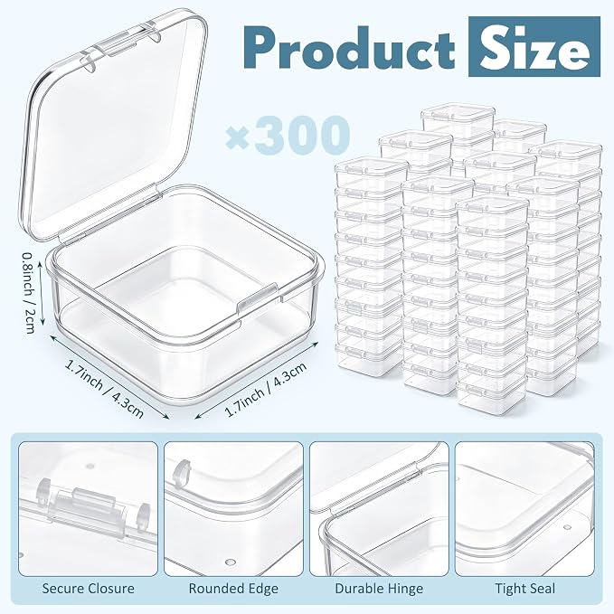 SATINIOR 300 Pcs Clear Plastic Beads Storage Containers Box Small Clear Boxes with Hinged Lid Plastic Case Mini Square Arts Crafts Storage Organizers for Small Items (1.7 × 1.7 × 0.8 Inch)