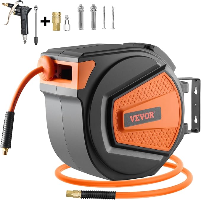 VEVOR Retractable Air Hose Reel, 3/8IN x 65FT Hybrid Air Hose Max 300PSI, Air Compressor Hose Reel Auto-Rewind with 6.6 FT Lead in, Ceiling/Wall Mount Enclosed PP Reel & Built-in 180° Swivel Bracket