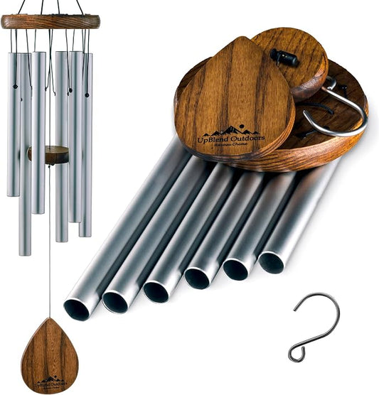 Silver Wind Chimes for Outside Deep Tone, 28 Inch Havasu Hand Tuned E Major Wind Chime, Adjustable Clapper, Aluminum Beech Wood Garden Patio Porch Decor, Memorial Housewarming Gift