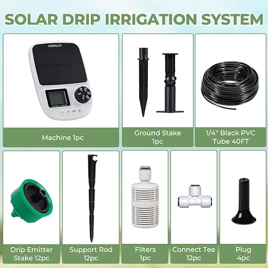 HIRALIY Solar Drip Irrigation System with Timer, Automatic Plant Watering Kit with USB Backup, 12 Pressure-Balanced Drippers, 40FT Tubing for Potted Plants, Indoor Pots & Even Watering