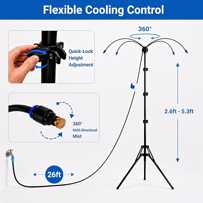 Standing Misters for Outside Patio, Portable Misting System with 5.3Ft Adjustable Height, 26Ft Water Hose and Stable Tripod Base for Backyard Pool Garden Cooling