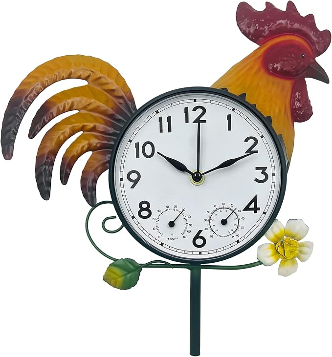 Rooster Outdoor Clock with Thermometer & Hygrometer | 41" Garden Stake or Wall Mount Design Weather-Resistant Metal Easy-to-Read Dial Farmhouse Garden Decor