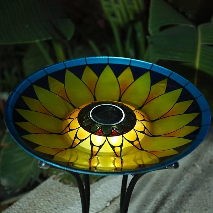 MUMTOP Outdoor Bird Bath, Large Glass Bird Baths Bowl with Metal Stand, Solar Sunflower Birdbaths for Outside Garden Lawn Yard Decor, 18”Dia 21.65”Height