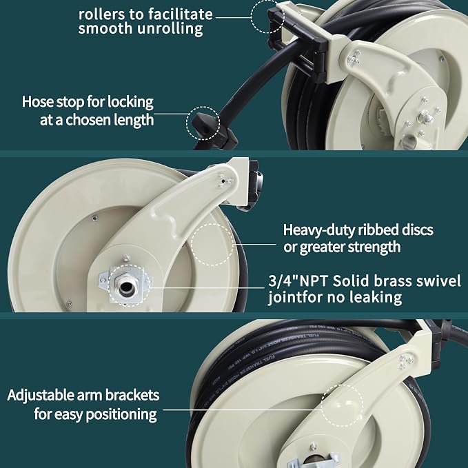 3/4"x50' Fuel Hose Reel Retractable & Fuel Nozzle & Fuel Hose Swivel,Spring Driven Diesel Hose Reel,Inlet 1" NPT Thread Swivel Oulet 3/4" NPT Thread Swivel,Heavy Duty Steel Construction Reel