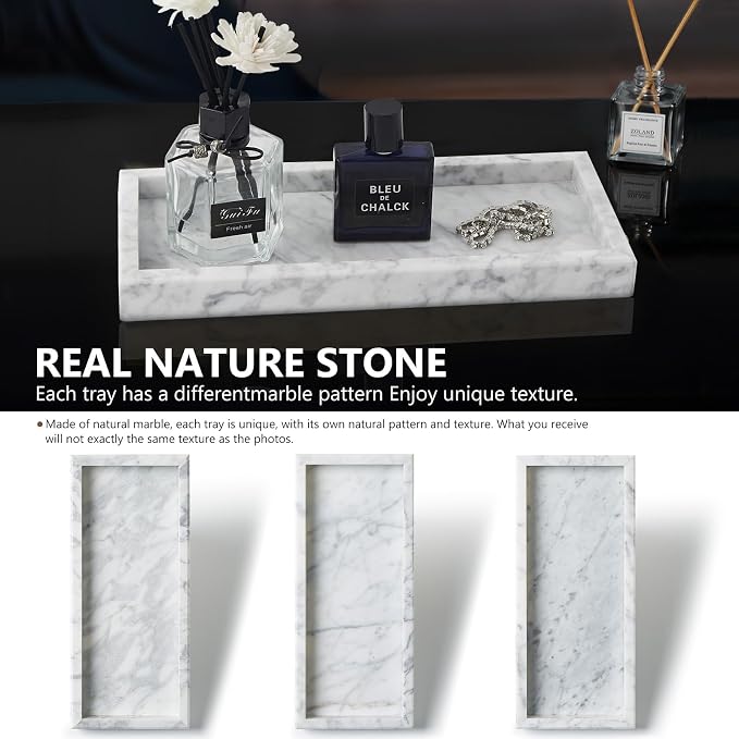 Real Natural Marble Tray for Bathroom, Vanity, Kitchen and Desktop, Rectangle Genuine Marble Stone Tray for Jewelry, Cosmetics, Candles, Lotion, Perfume and Home Decor, 12"x5" Size