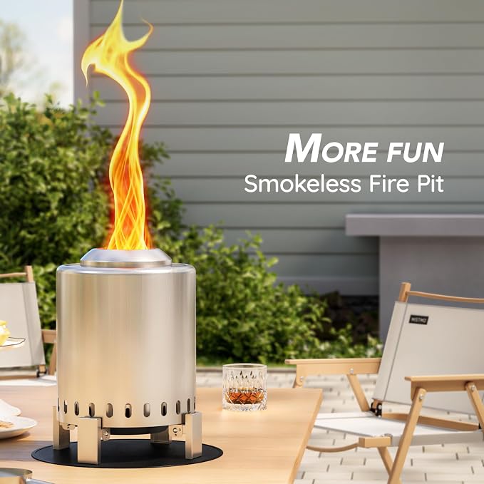 Mini Smokeless 7 Inch Tabletop Fire Pit with Pan Stand and Insulation Mat, Portable Stainless Steel Fire Pit for Camping, Patio Tabletop Firepit, Burns Wood or Pellets, Travel Bag Included, Silver