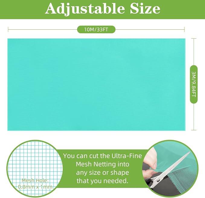 10 x 33FT Garden Mesh Netting, Ultra Fine Mesh Protection Netting Plant Covers Greenhouse Row Cover Raised Bed Screen Barrier Net for Vegetable Fruits Flowers Trees Crops, Green