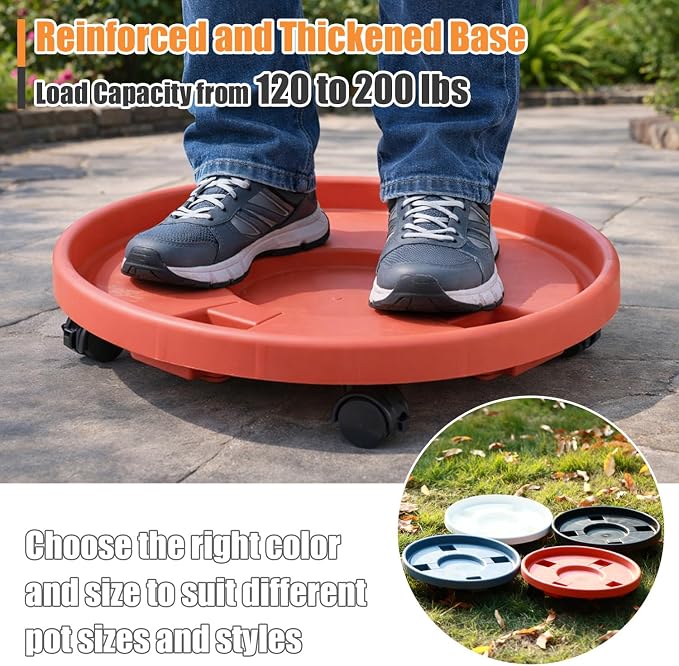 4-pack 16" Extra-large Plant Caddy with Wheels Plastic Plant Dolly with Casters Flower Pot Mover Rollers Wheeled Rolling Plant Stand Round Plant Saucer Indoor Outdoor Base Coasters, Terracotta red