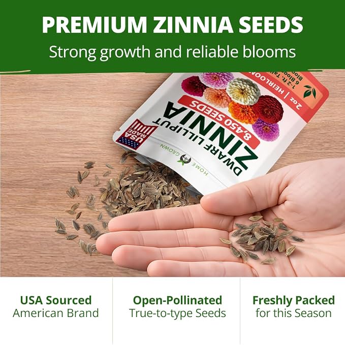 HOME GROWN Lilliput Mix Zinnia Seeds for Planting, 8450 Seeds (57g), Heirloom Non-GMO Double Dwarf Pompon Blooms for Containers, Borders, Cut Flowers & Pollinator Gardens (Zinnia elegans)