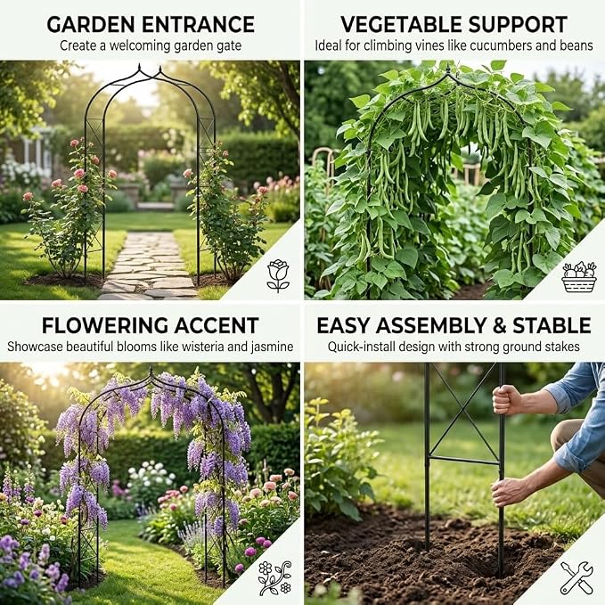 Metal Garden Arbors 8Ft Thickened Arch Trellis for Climbing Plants | Outdoor Arbor Rustproof Metal Frame Trellises Grapes Rose Yard Entrance Wedding Arched Backdrop Stand Party Event Decoration