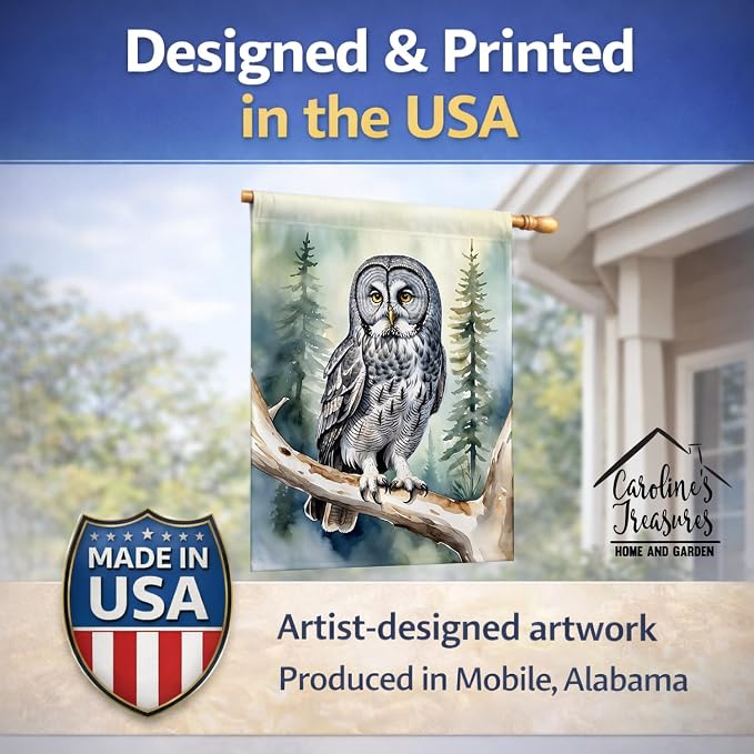 Caroline's Treasures Great Gray Owl House Flag Large Porch Sleeve Pole Decorative Outside Yard Banner Artwork Wall Hanging, Polyester, House Size, Multicolor