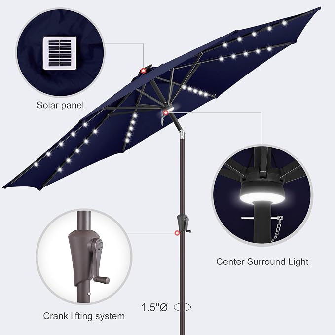 10ft Solar Umbrella Outdoor - Lighted Solar Patio Umbrella with 40 LED Lights Waterproof UV Protection, Table Umbrella with Tilt for Pool, Porch, Garden, Deck, Backyard (Navy Blue)