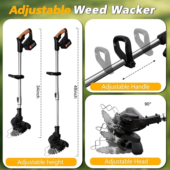 Electric Weed Wacker Cordless, 21V Weed Cordless Eater with 2Pcs 4.0Ah Batteries,3 in 1 Brush Cutter, Lightweight Grass Trimmer/Lawn Edger for Garden Yard
