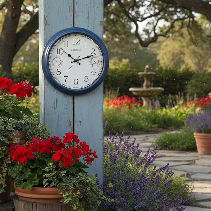 Crosstime 16 Inch Large Outdoor Clock Waterproof with Thermometer & Hygrometer Combo, Coastal Retro Wall Clock for Patio, Pool, Garden, Backyard Decor, Blue