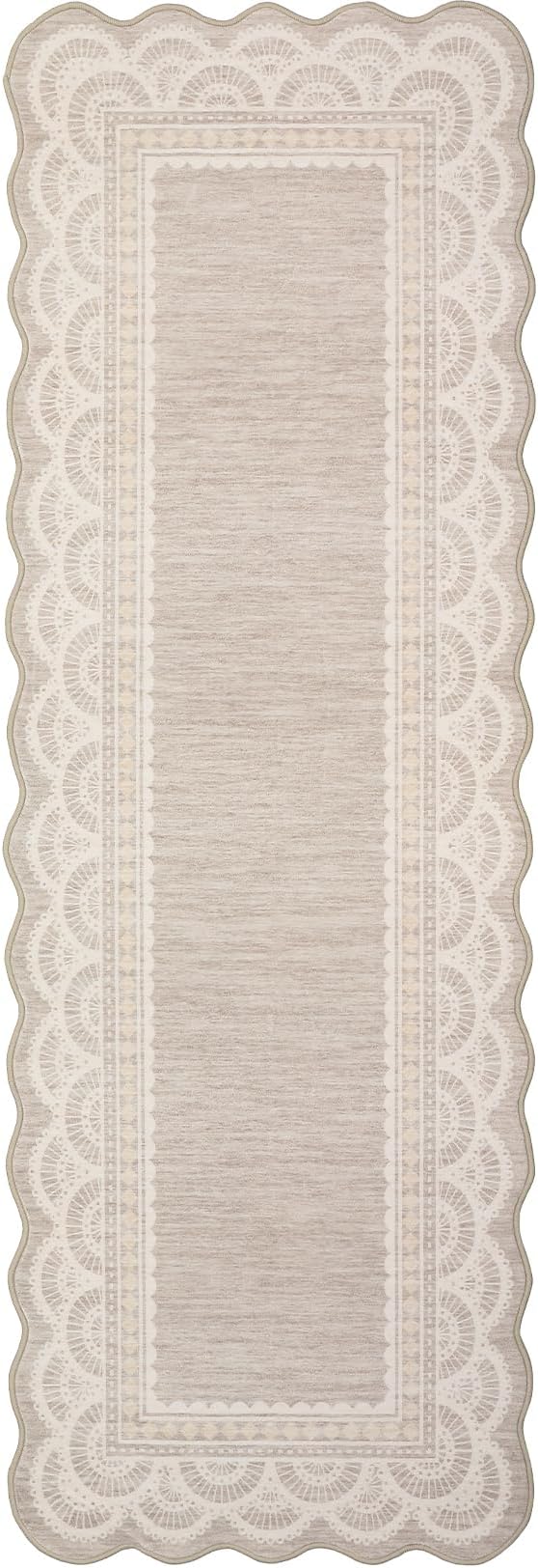 Garvee 2x6 Washable Scalloped Lace Runner Rug, Soft Rugs for Hallway Beige | Non Slip Entryway Rug, Scalloped Rug for College Playroom Kids Girls Room, Non-Shedding Low Pile Rugs Runner for Bedroom