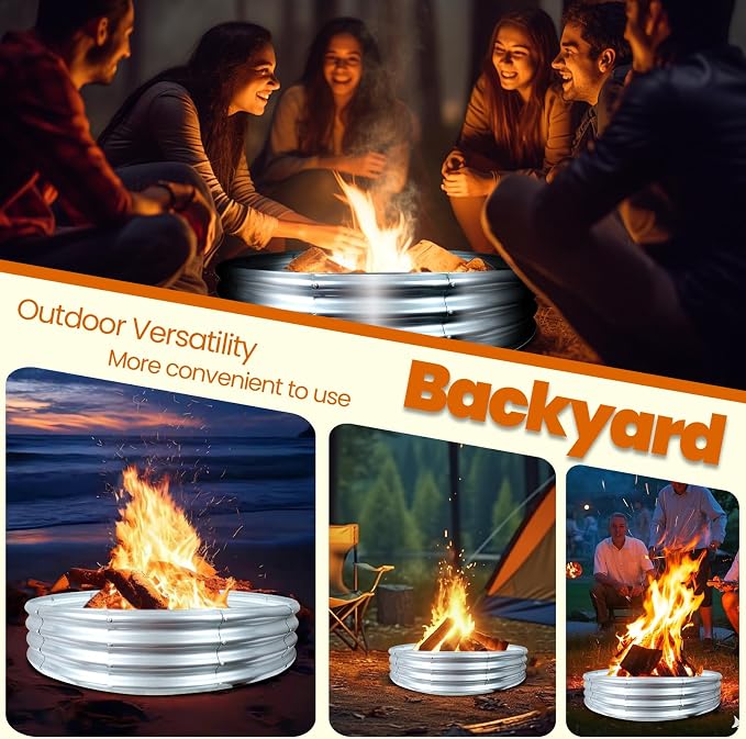 60 Inch Fire Pit Ring 5FT Galvanized Steel Burn Barrel,12" Raised Heavy Duty Wood Burning Fire Pits,Heat Resistant Campfire Ring with Spark Guard, for Outdoor Backyard, Patio & Camping Use