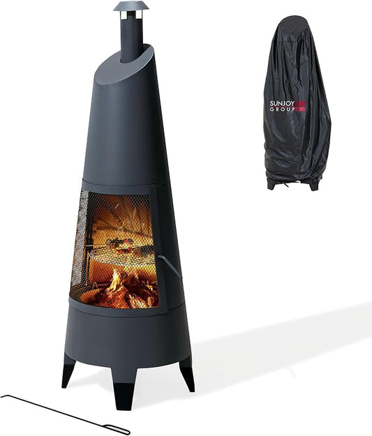 SUNJOY 2-in-1 Chiminea Fire Pit & Grill, 57" Tall Outdoor Fireplace with Removable Stainless Steel Grill Grate, Spark Screen & PVC Cover for Patio, Backyard, Cooking - Grey