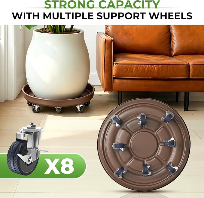 20 inch Plant Saucer Rolling Plant Caddy Rolling Plant Stand with Wheels Plant Tray with Wheels, Heavy Duty Metal, Locking, Sturdy, Rust-Resistant Finish, Easy to Move,Copper 550 lb Capacity