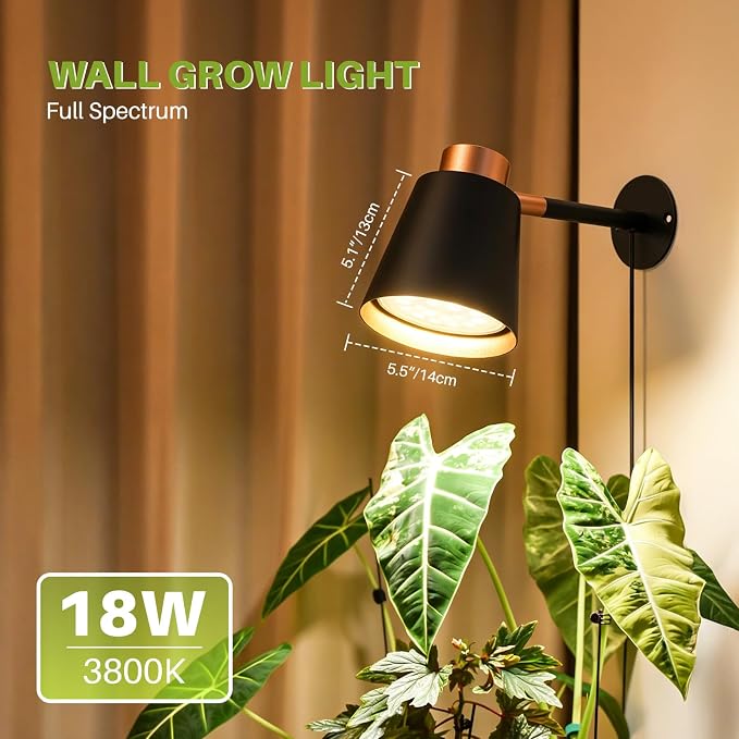 Hanging Grow Lights for Indoor Plants, 18W Wall Mounted Grow Light with 660nm Red Light, Decorative Full Spectrum Grow Lamp for Tall Plants Flowers, 9.8ft Power Cord, Modern Style