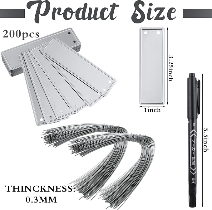 200 Aluminum Plant Tags with 200 Metal Wires - Double Sided Write On Metal Labels - Solid Stamping Tags - Waterproof Outdoor Plant Markers for Trees, Greenhouses