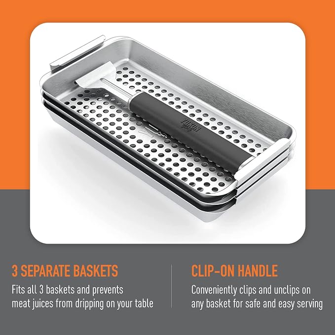 Yukon Glory BBQ 'N SERVE Grill Basket Set — 3 Commercial-Grade Stainless Steel Baskets, Clip-On Handle & Patented Grill-to-Table Design, RUST-PROOF, Dishwasher Safe, for Fish, Vegetables & Meat