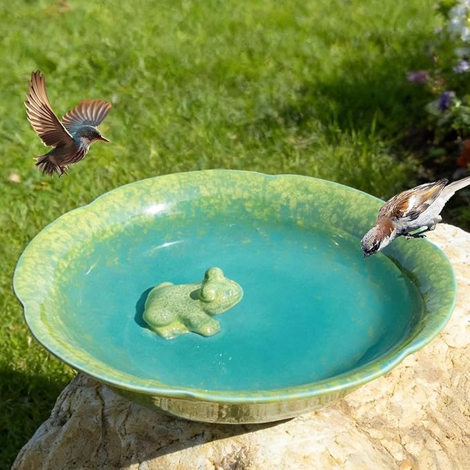 10" W Ceramic Bird Bath Bowl,Bird Bath for Outdoors with Frog Decor.