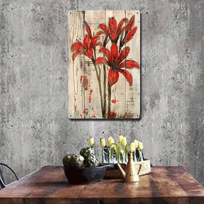 Metal Sign Tin Sign Vintage Wall Art Antique Paint Lycoris Tin Sign for Shabby Chic Interiors Red Flower Admirers and Weather Resistan Bathroom Signs for Home for Bar 12×16 Inches