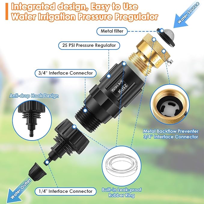 Drip Irrigation Faucet Adapter 25 PSI, 1/4" Tubing Quick Connect to 3/4" Garden Hose with Backflow Preventer, Filter, Tape, Pressure Regulator, Copper Drip Irrigation System Fittings (8 Pack)