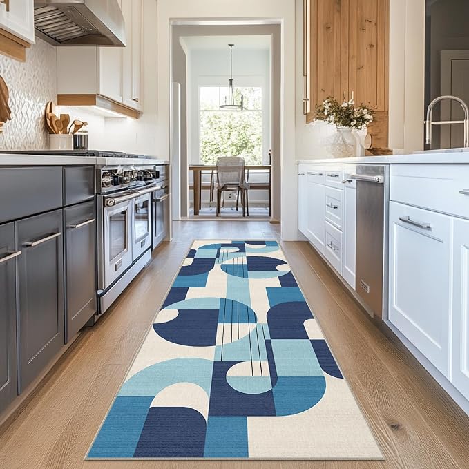 2x6 Blue and White Geometric Runner Rug for Kitchen Entryway Hallway Abstract Modern Area Rug Machine Washable Non-Slip Carpet for Bedroom Bathroom Bedside
