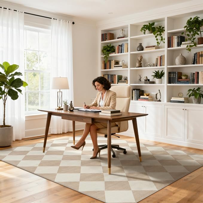 Beeiva Checkered Print Living Room Rugs 8x10, Moroccan Beige Washable Area Rug 8X 10 Non Slip Soft Bedroom Carpet, Geometric Plaid Aesthetic Decor Ultra Thin Large Carpet for Dining Room Office