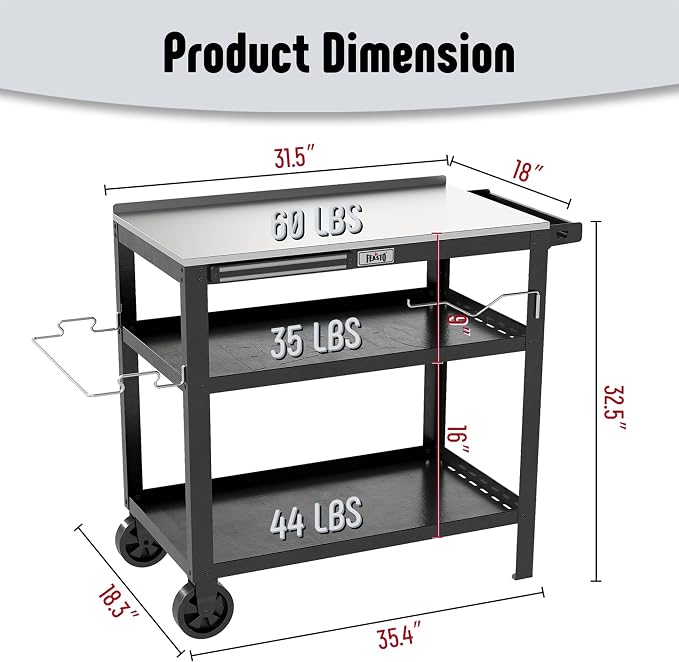 Feasto Outdoor Grill Table, Prep Table with Wheels, 31.5"x18" | Seasoning Rack & Magnetic Tools Holder, Backyard BBQ Kitchen Food Prep Table for Portable Griddle & Pizza Oven