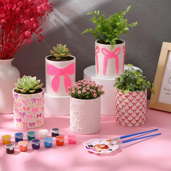 Zubebe 12 Pcs Paint Your Own Flower Ceramic Pots with Drainage Hole, 4 Style Pink Bow Unfinished Succulent Pots Painting Kit Mini Paintable Vase for Bow Party Craft Gift Girls Night DIY Art Activity