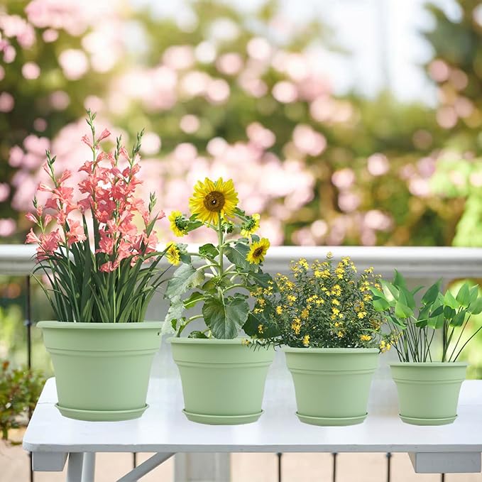 Pottiffe 6 Inch Plastic-Flower Pot-for-Indoor Plants, 6 Pack Outdoor Plant Pots with Drainage Holes & Saucers, Resin Garden Pots Planters