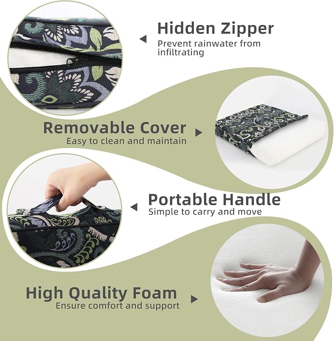 Favoyard Outdoor Deep Seat Patio Cushions Set, 22 x 22 Inch Rainproof & 3-Year Fade Resistant Patio Furniture Cushion, Removable Bottom & Back Cushion with Ties for Yard, Garden, Green Floral