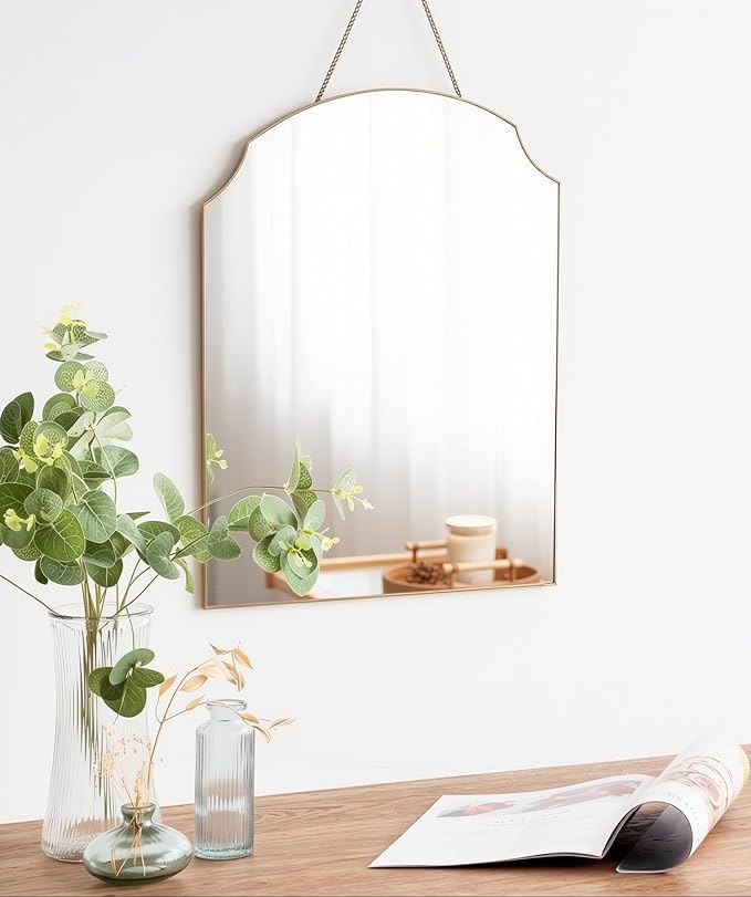Gold Clipped Arch Wall Mirror 14" x18" - Vintage Hanging Mirror with Chain, Decorative Brass Mirror for Entryway, Bathroom, Bedroom&Living Room, Small Antique Gold Wall Mirror