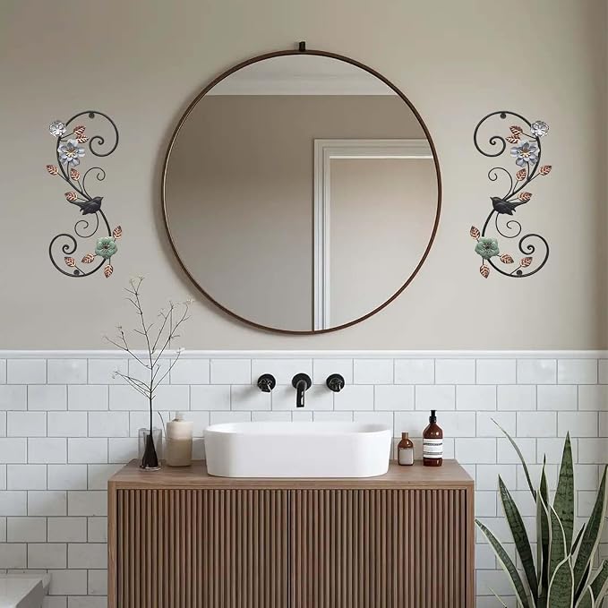 Birminwind 3D Metal Flower Wall Art: 2pcs Vintage Floral Wall Décor with Leaves Bird for Room - 15.16" Black and Gold Iron Decoration Indoor Outdoor