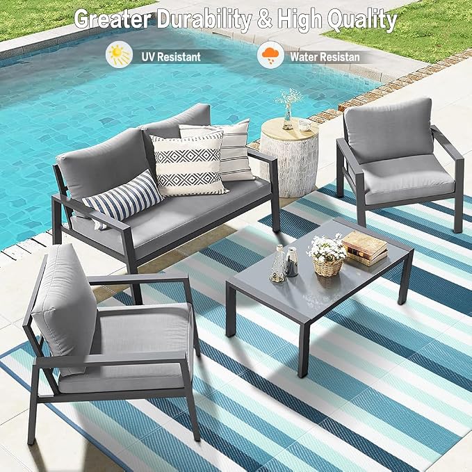 HUGEAR Outdoor Plastic Straw Rug, Waterproof Mat, Washable Large Floor Mat and Rug for Outdoors, RV, Beach, Patio, Camping, Backyard, Deck, Picnic, Indoor Outside (5x8ft,Stripe/Turquoise&White)