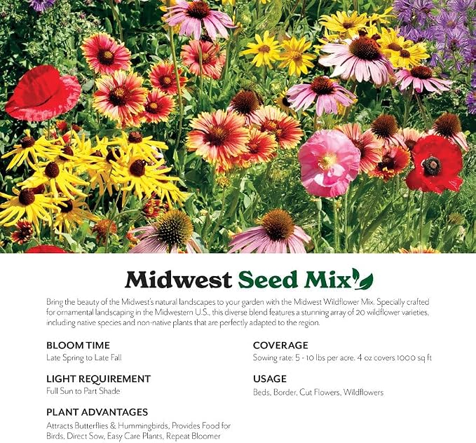 Grow Your Own Vibrant Annual and Perennial Wildflower Garden Seeds Mixture, Varieties for Pollinators and Spring Gardens - Midwest Regional Mix, 25 lbs