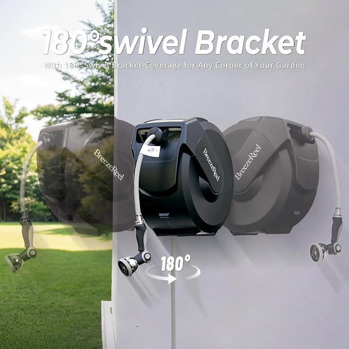 Retractable Garden Hose Reel 1/2 inch x 100ft, 3-Ply Reinforced Heavy Duty, Any Length Lock, 180° Swivel Bracket, Slow Return, Auto-Layering, 10 Spray Patterns for Outdoor Watering