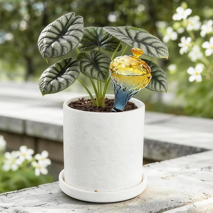 12 oz Plant Watering Globes, Yellow Glass Self Watering Bulbs Top Fill with Terracotta Spikes Stake, Self Watering Planter Insert Vacation Automatic Plant Waterer Device for Indoor & Outdoor